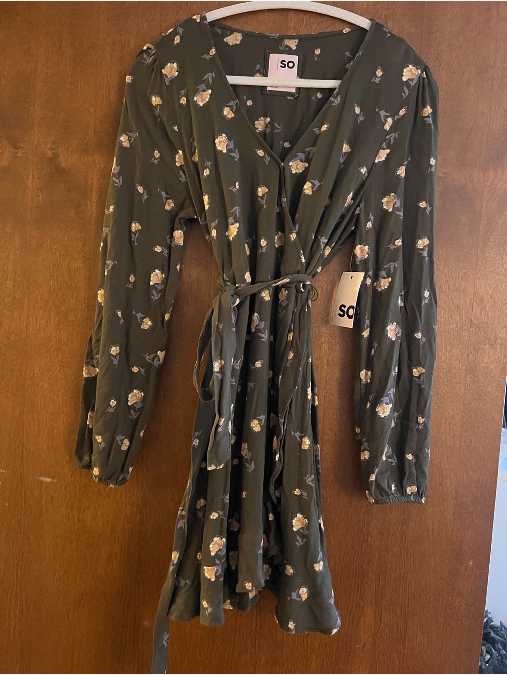 SO Olive Floral Wrap Dress with Cream Blossoms